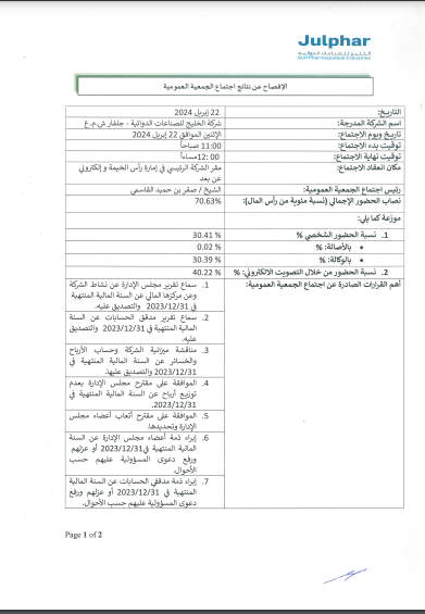 قرارات الجمعية العمومية لشركة الخليج للصناعات الدوائية "جلفار"