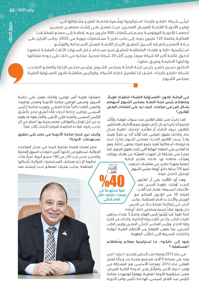 الدكتور حسين خضير: الرئيس السيسى أحدث نقلة نوعية فى ملف توطين الصناعات الدوائية.. ومصر قادرة على مضاعفة صادرات الأدوية عشرات المرات