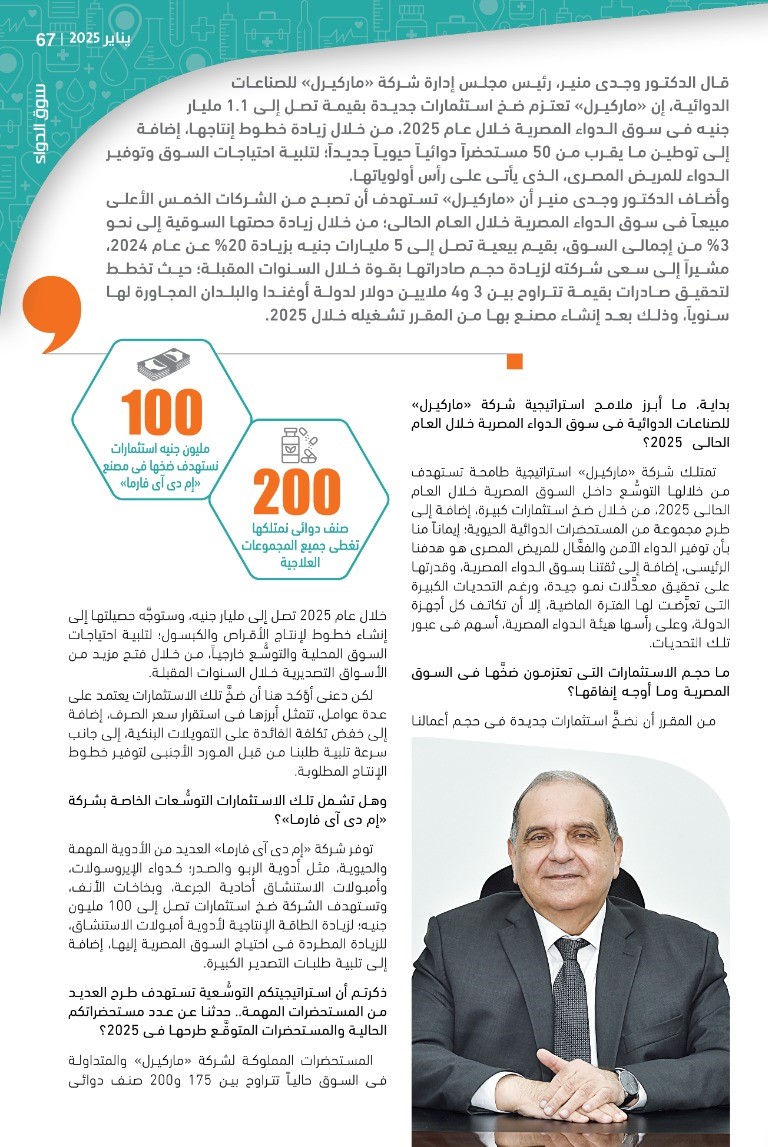 الدكتور وجدى منير رئيس شركة «ماركيرل»: نخطط لضخ استثمارات جديدة بقيمة 1.1 مليار جنيه خلال 2025 لتلبية احتياجات السوق من الأدوية الحيوية والتصدير للخارج