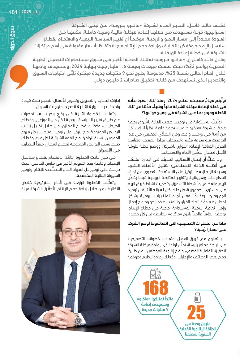 خالد كامل المدير العام لشركة «ماكرو جروب»: ننفذ سياسات فنية ومالية مرنة لإحداث هيكلة كاملة لـ«ماكرو جروب» تضعها على مسار النمو والرِّبحية