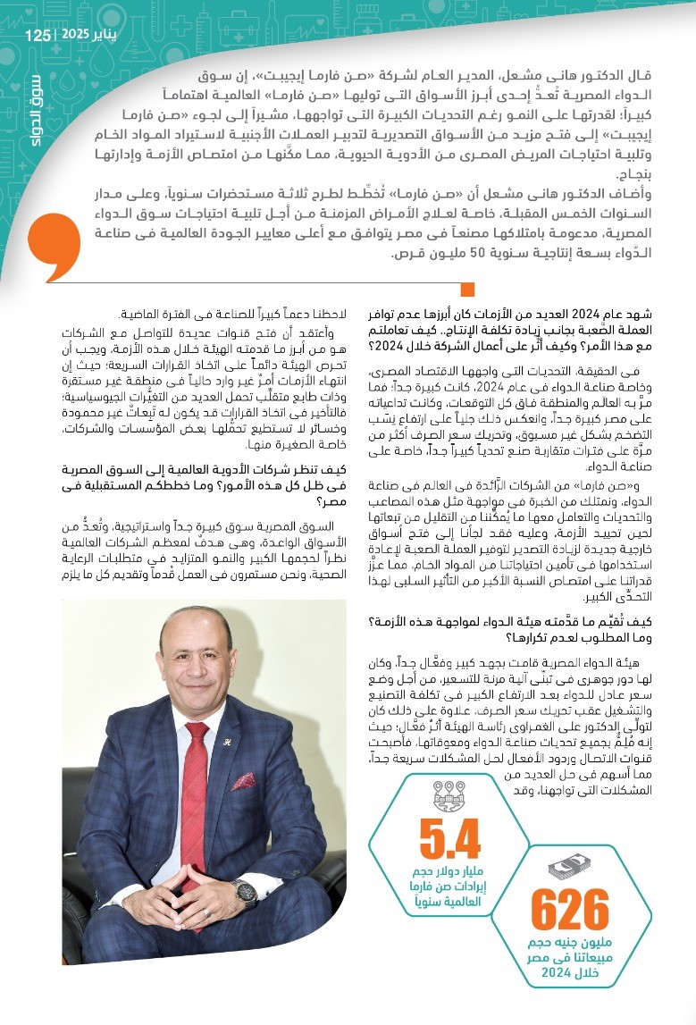 الدكتور هانى مشعل: سوق الدواء المصرية تحظى بأهمية كبرى من «صن فارما العالمية» ومستمرون فى تطوير الأدوية الحيوية لتلبية احتياجات المرضى