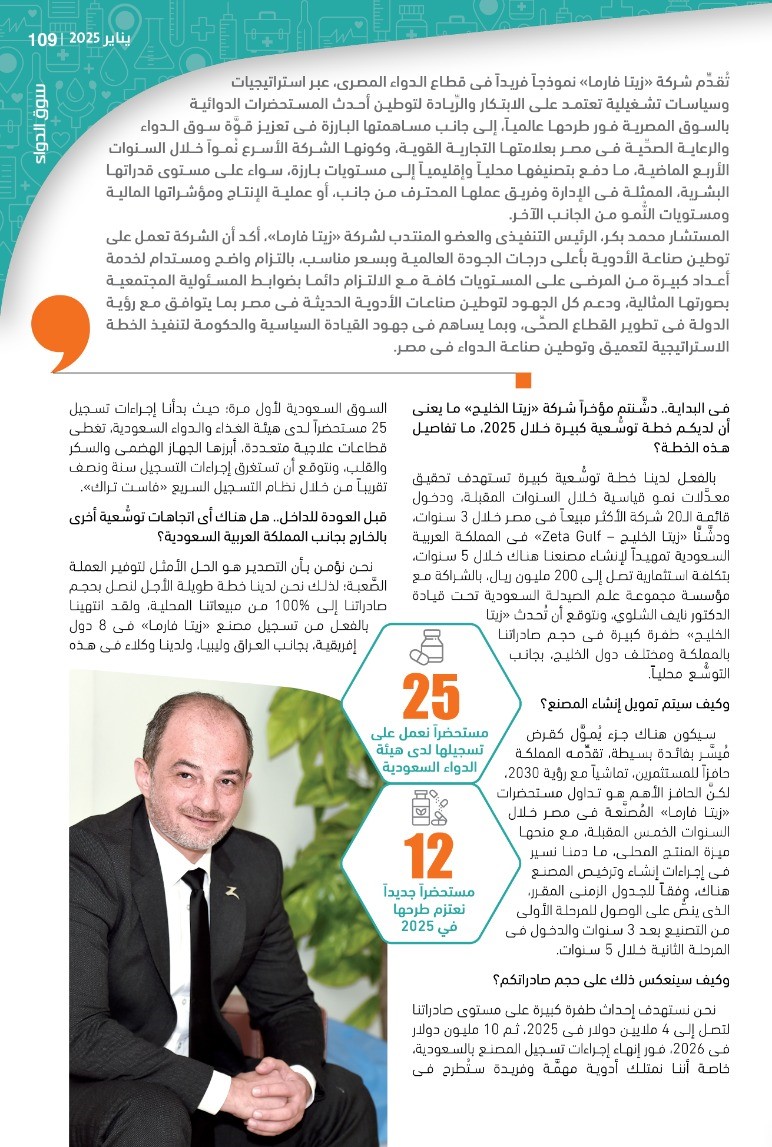 الرئيس التنفيذى لشركة «زيتا فارما»: نستهدف تحقيق معدَّلات نمو قياسية خلال السنوات المقبلة.. وقوَّة علامتنا التجارية وجودة منتجاتنا تُعزِّزان حضورنا المحلى والإقليمى