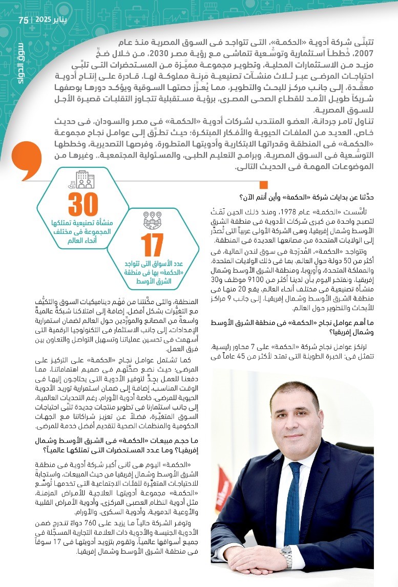 تامر جردانة العضو المنتدب لشركات أدوية «الحكمة» فى مصر: نتبنَّى خططاً استثمارية توسُّعية تتماشى مع رؤية مصر 2030.. ونتعاون بشكل وثيق مع الجهات الحكومية لتعزيز استقرار قطاع الأدوية