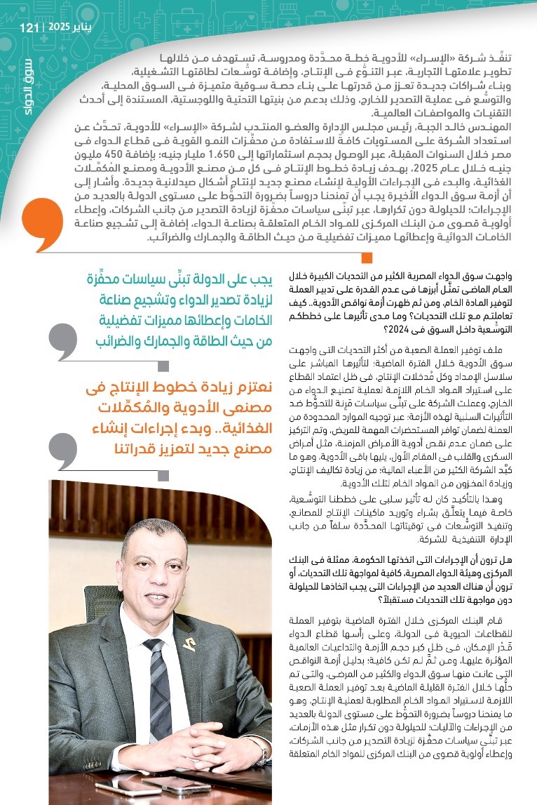 المهندس خالد الجبة رئيس شركة «الإسراء» للأدوية: نستهدف تطوير علامتنا التجارية عبر تنويع الإنتاج وبناء شراكات جديدة.. ونخطط للوصول باستثماراتنا إلى 1.650 مليار جنيه في 2025