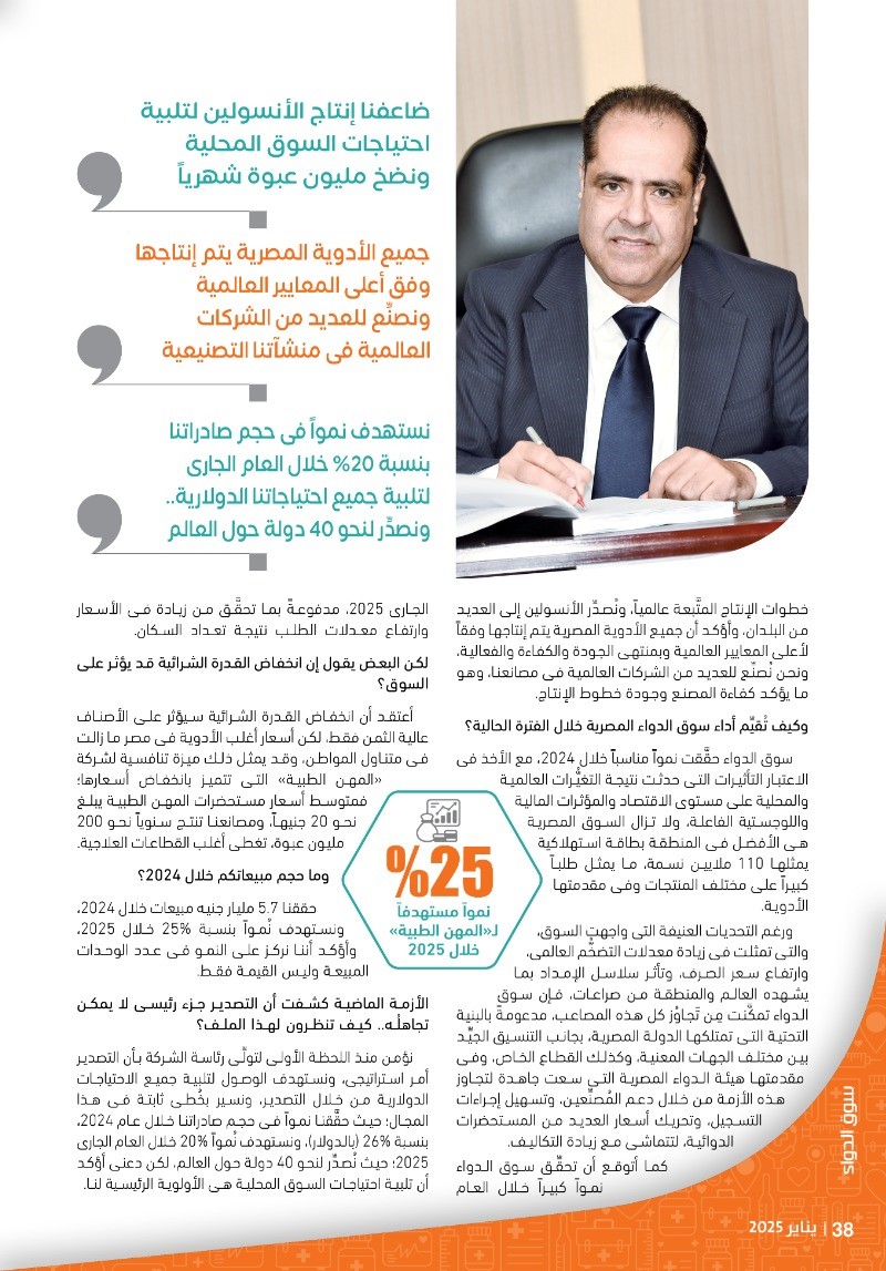 الدكتور أحمد ليلة: «المهن الطبية» سطرت قصة نجاح فى توفير المستحضرات الحيوية وعلى رأسها «الأنسولين».. وسوق الدواء ستحقق نمواً كبيراً فى 2025