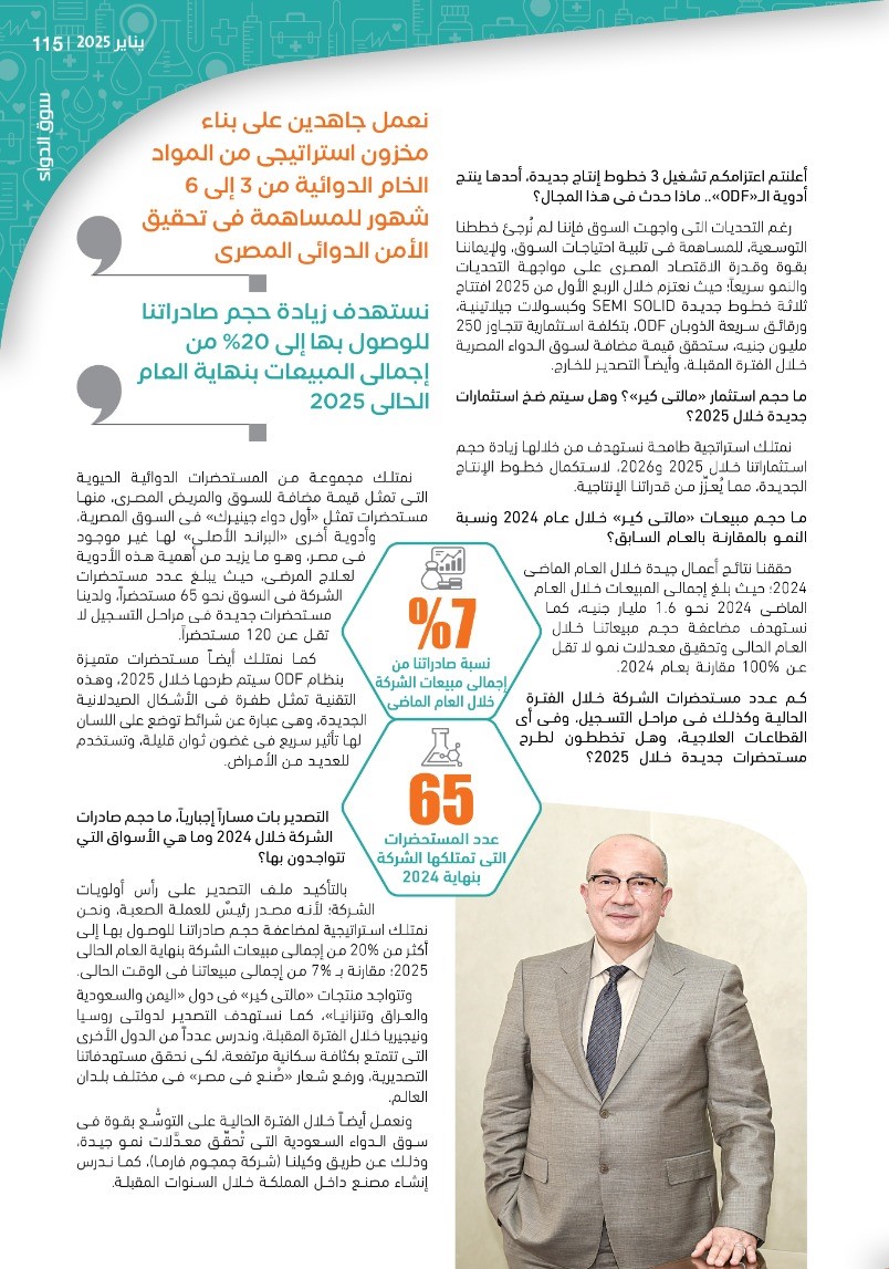 الدكتور أسامة عنتر رئيس شركة «مالتى كير»: توفير الدواء الآمن والفعَّال بأسعار مقبولة للمرضى واجب وطنى والتزام أخلاقى لا يمكن التخلِّى عنه دون التقيد بمعادلة الربحية والخسارة