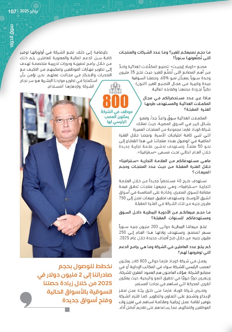 رئيس شركة «كوباد فارما»: نخطط لضخ 500 مليون جنيه استثمارات جديدة خلال 2025 بهدف زيادة طاقتنا الإنتاجية لمواكبة خططنا التوسُّعية محلياً وخارجياً