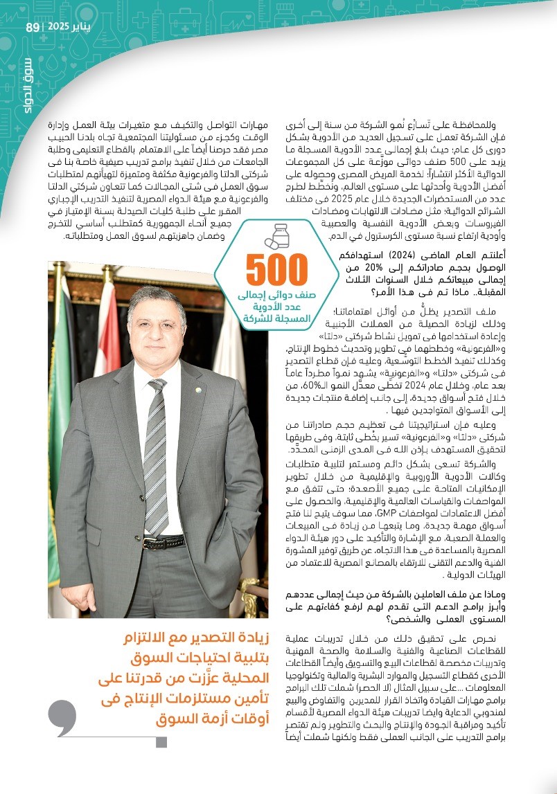 الرئيس التنفيذى لشركتى «الفرعونية» و«دلتا فارما»: التزامنا الثابت تجاه سوق الدواء المصرية يدفعنا للابتكار وتحفيز النمو.. ورصدنا 400 مليون جنيه استثمارات فى 2024-2025