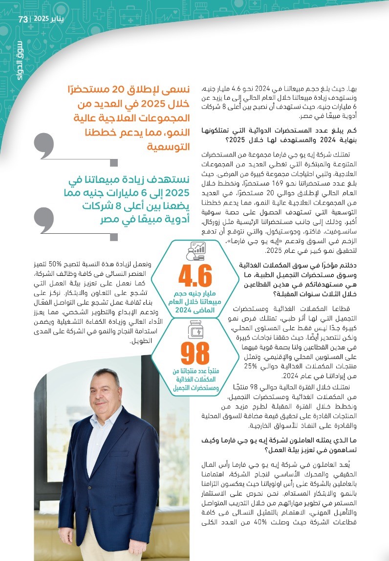 الدكتور أشرف عثمان رئيس شركة «إيه يو جي فارما»: نخطط لتعزيز قدراتنا التصنيعية والبدء في إنشاء مصنع للأدوية العقيمة في 2025 بتكلفة استثمارية 1.250 مليار جنيه