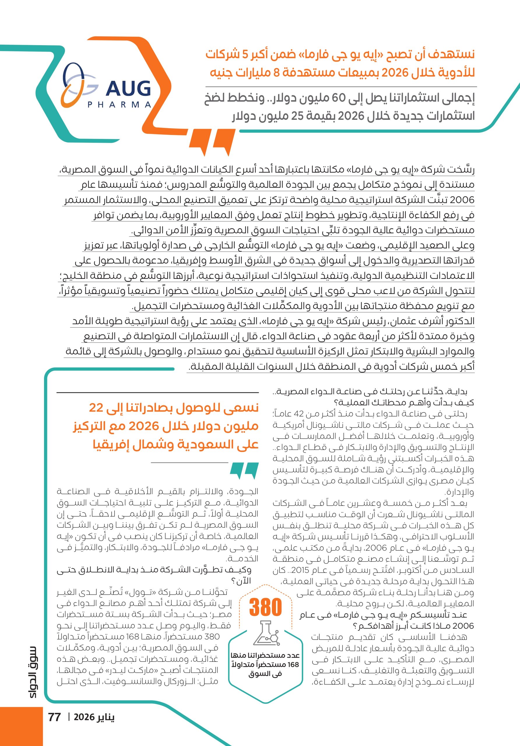 الدكتور أشرف عثمان رئيس شركة «إيه يو جى فارما» في حوار خاص لـ«سوق الدواء»: