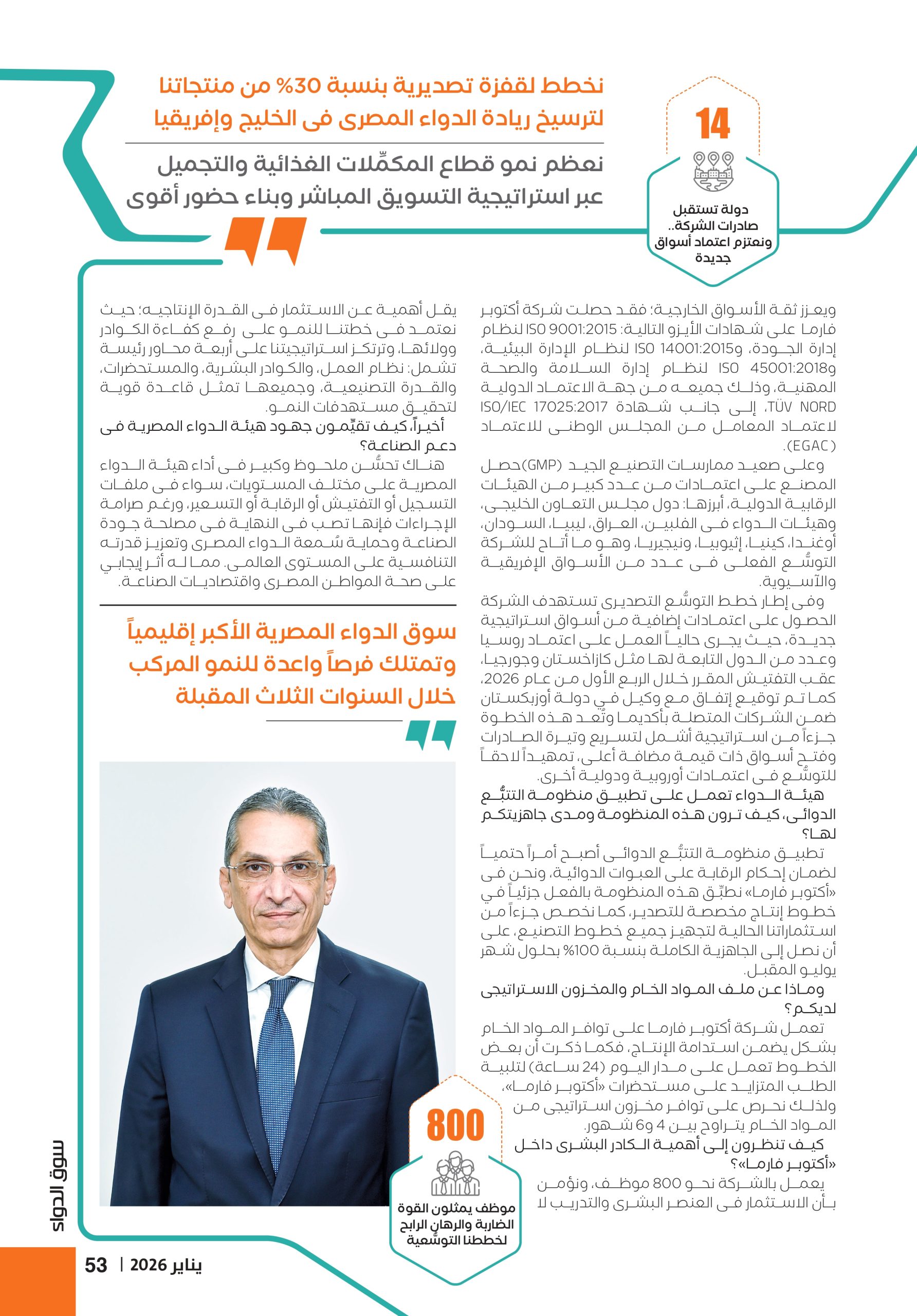 الدكتور أحمد عبد الرءوف العضو المنتدب لشركة «أكتوبر فارما» في حوار خاص لـ«سوق الدواء»: 